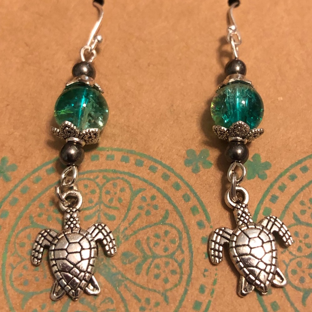 Silver Baby Sea Turtle Drop Earrings Druzy New